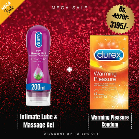 Durex Play Massage 2-In-1 Intimate Lube & Massage Gel, Aloe Vera, 200ml + Durex Warming Pleasure Condom - Pack Of 12 Playful