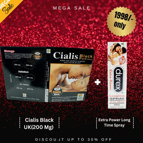 Pack Of 2 Cialis Black UK(200 Mg) Pack Of 6 + Durex Extra Power Long Time Spray For Men 22 cc - Playful