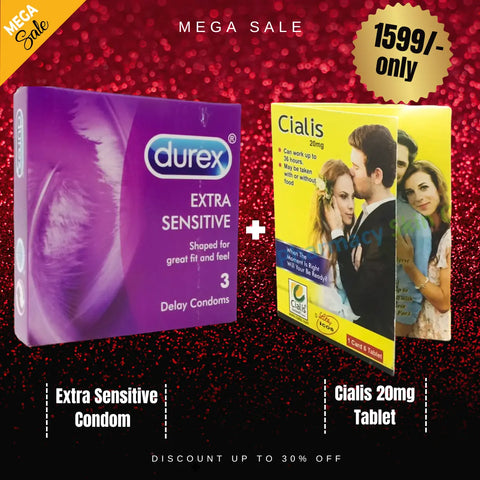 Pack Of 2 Durex Extra Sensitive Condom (Pack Of 3) + Cialis 20mg Tablet Playful