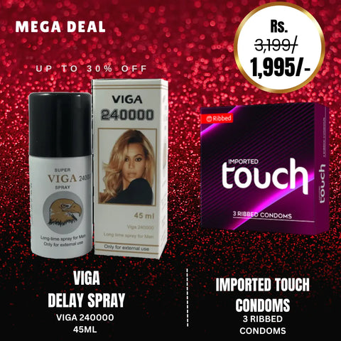 Super Viga 240000 Delay Spray For Men -45ml + Imported Touch Scented Ribbed Condoms 3s Playful