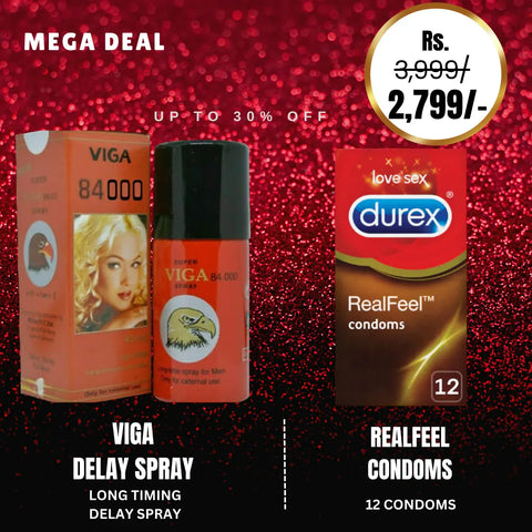 Super Viga 84000 Long Timing Delay Spray For Men + Durex Real Feel Condom - Pack Of 12 Playful