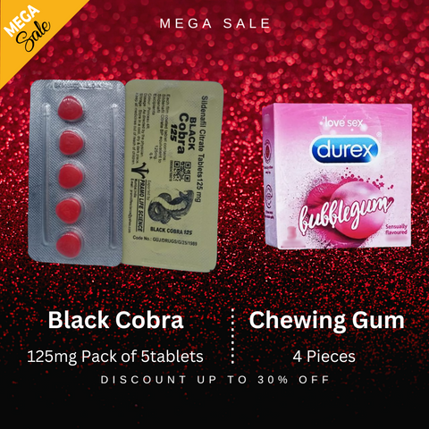 Pack Of 2 Black Cobra 125mg 5'STablets + Durex Red Chewing Gum - Playful