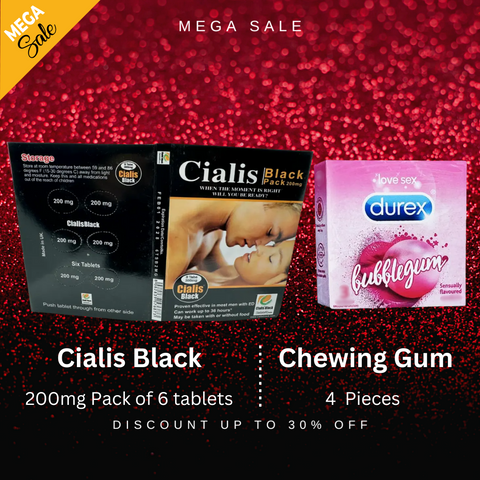 Pack Of 2  Cialis Black UK(200 Mg) Pack Of 6 + Durex Red Chewing Gum - Add a Bold Flavor to Your Intimate Collection Playful