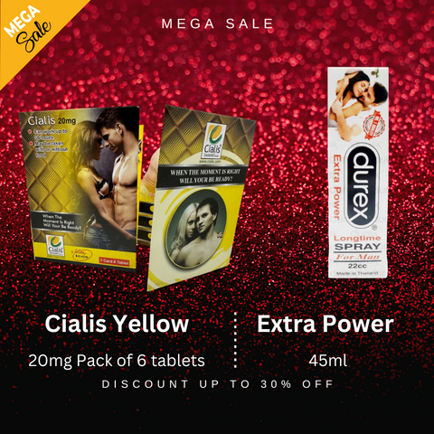 Pack Of 2  Cialis 6 Yellow Tablets Pack For Men 20mg + Durex Extra Power Long Time Spray For Men Playful