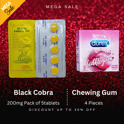 Pack Of 2 Black Cobra 200mg Sildenafil Citrate Tablet - 5 + Durex Red Chewing Gum - Add a Bold Flavor to Your Intimate Collection - Playful